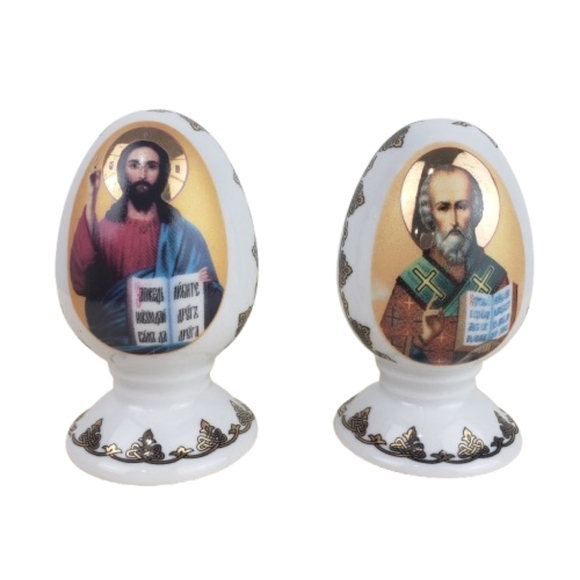 Korosten Porcelain Easter Egg Jesus Christ St. Nicholas Ukraine White & Gold - Picture 1 of 10